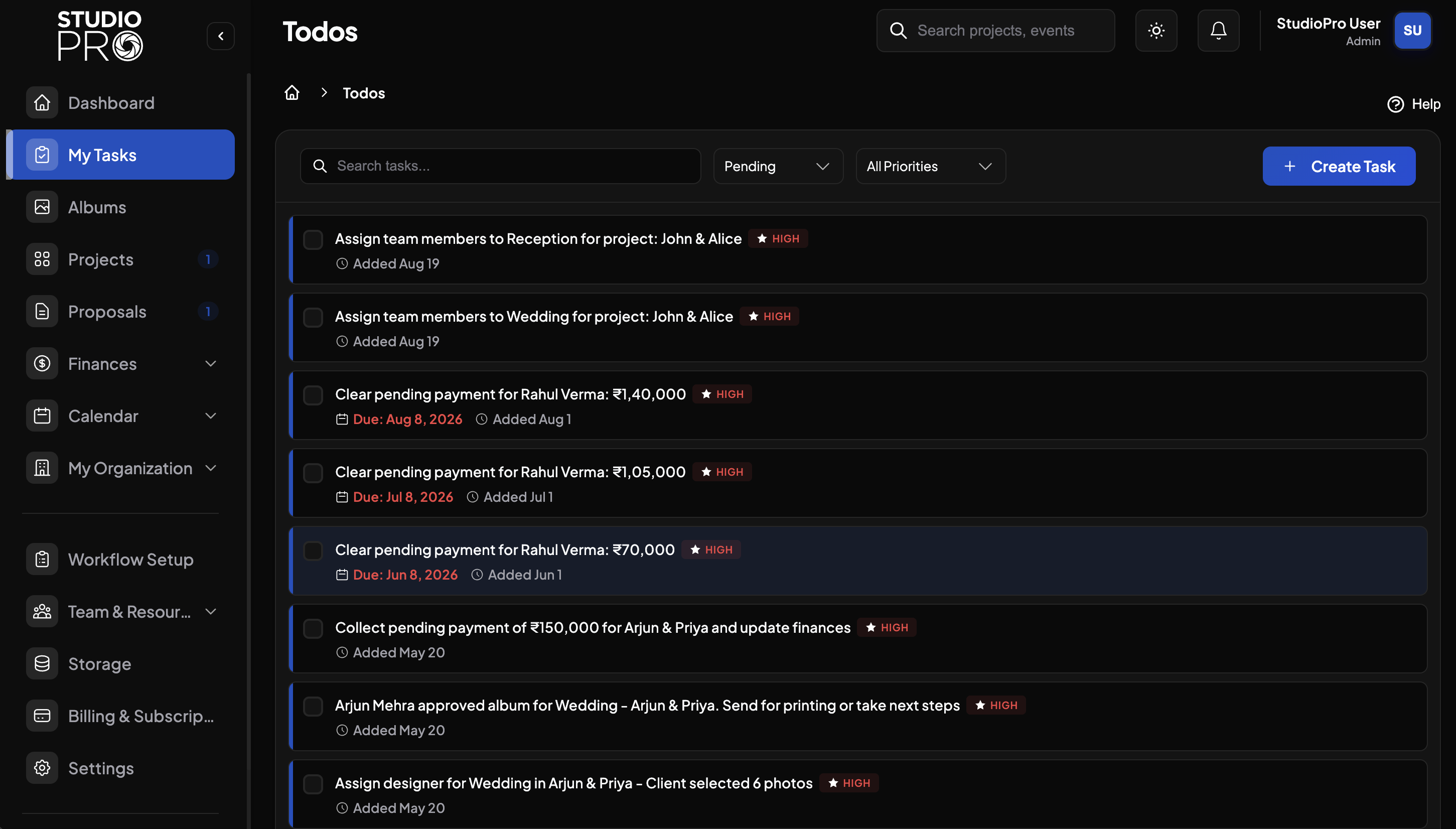 StudioPro dashboard