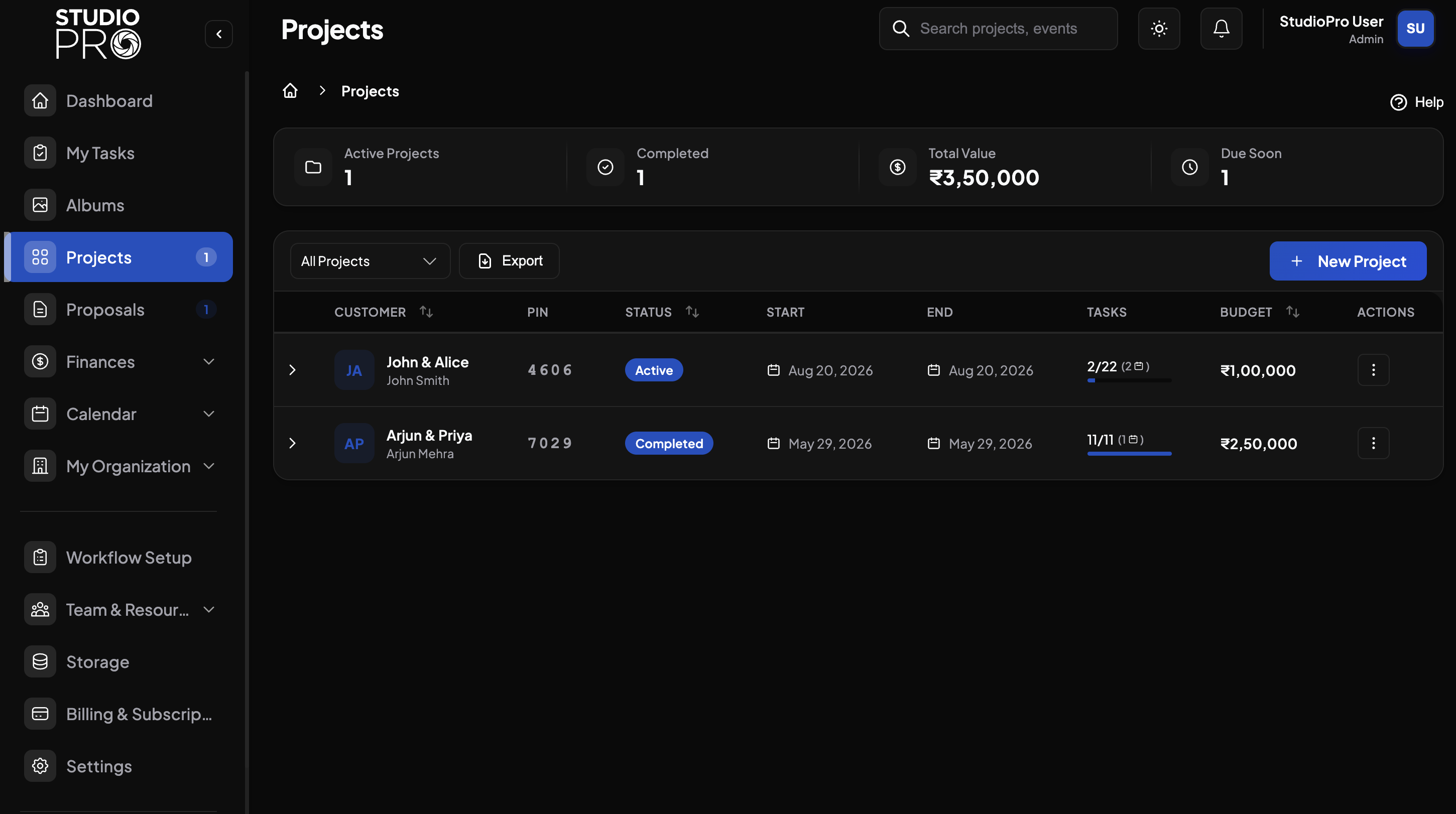 StudioPro dashboard